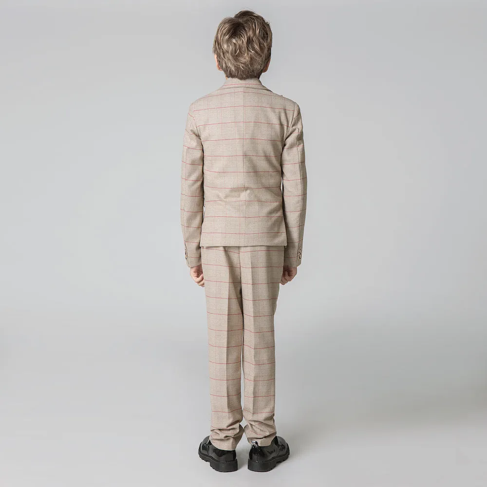 Khaki Plaid Elegant Formal 5 Piece Boys Suits