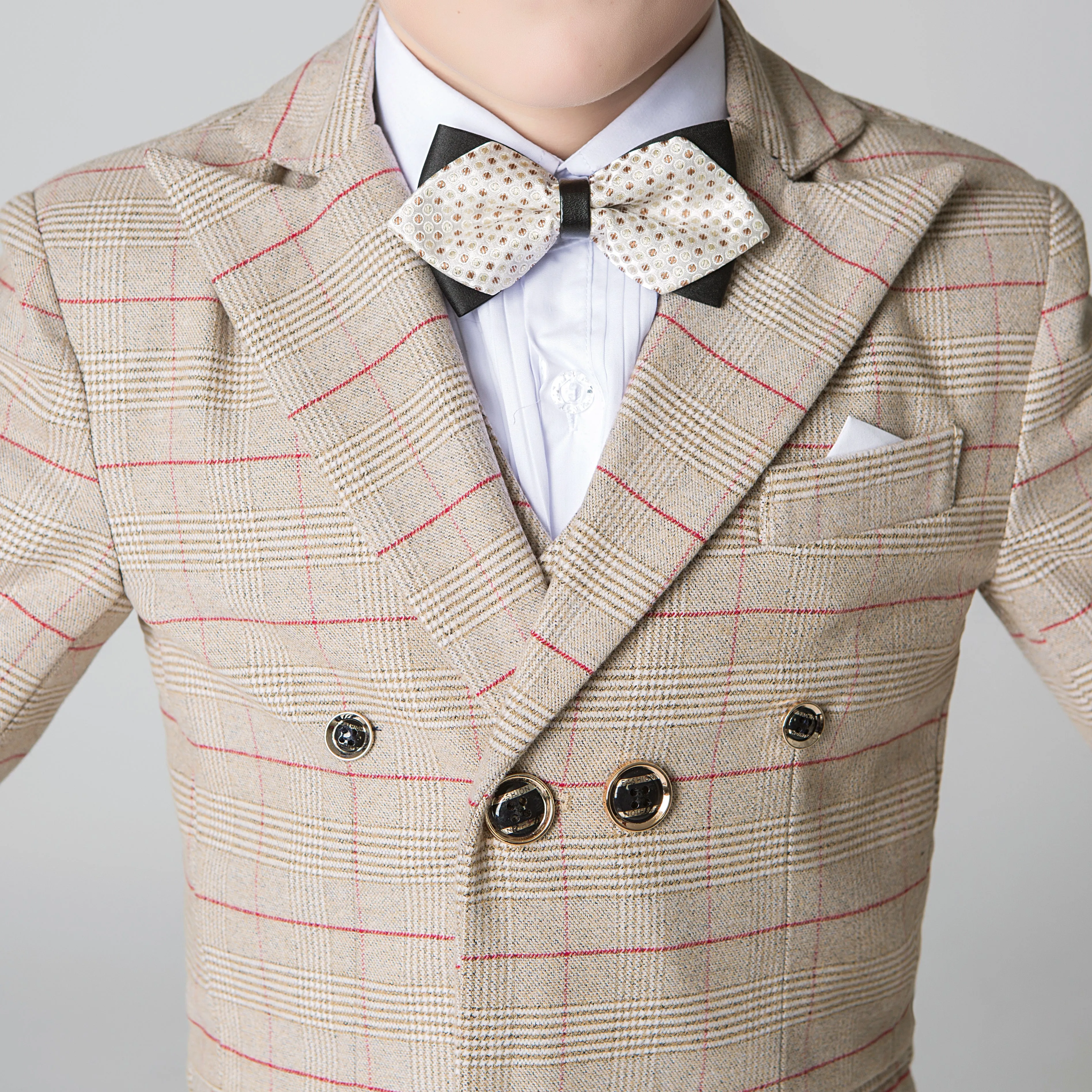 Khaki Plaid Elegant Formal 5 Piece Boys Suits