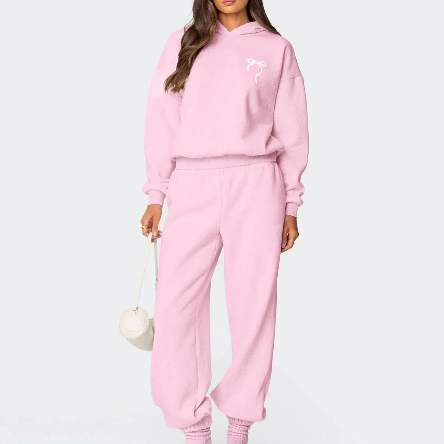 KMBANGI Women Bow 2 Piece Sweatsuit Sets Oversized Hoodie Wide Leg Sweatpants Y2k Sweat Sets Outfits Tracksuit