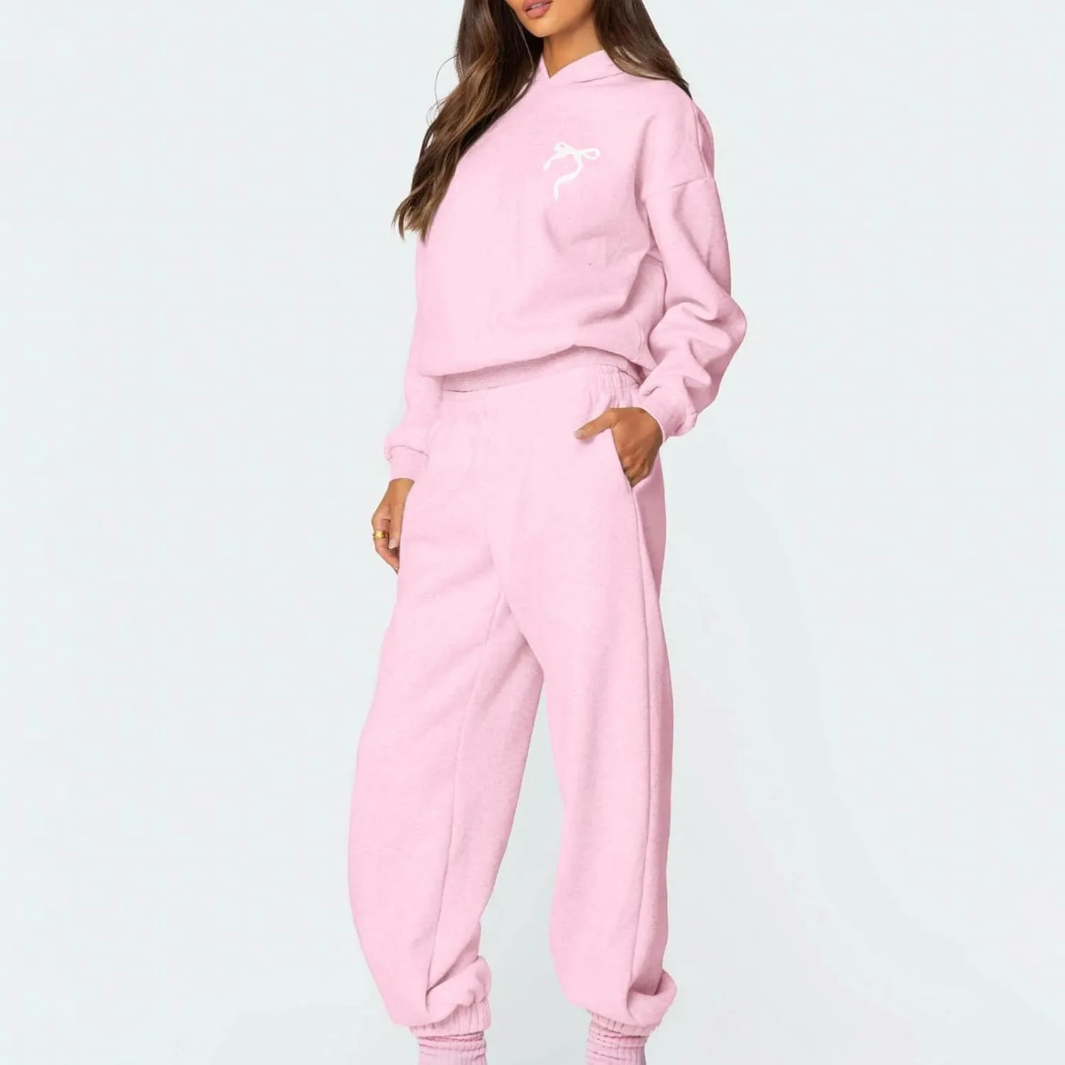 KMBANGI Women Bow 2 Piece Sweatsuit Sets Oversized Hoodie Wide Leg Sweatpants Y2k Sweat Sets Outfits Tracksuit