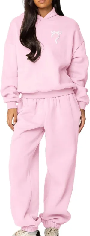 KMBANGI Women Bow 2 Piece Sweatsuit Sets Oversized Hoodie Wide Leg Sweatpants Y2k Sweat Sets Outfits Tracksuit