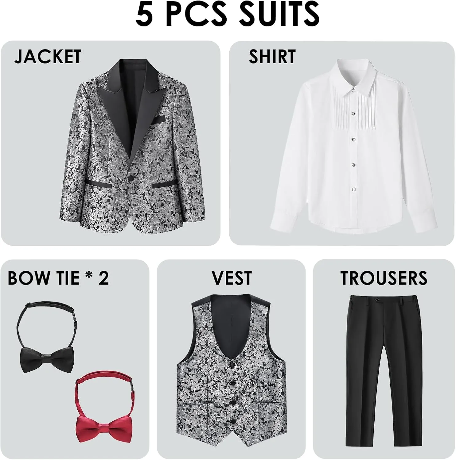 Lamgool Boys Tuxedo Suits 5 Piece Slim Fit Kids Floral Jacquard Formal Set Blazer White Shirt Vest Pants Bow Tie for Prom