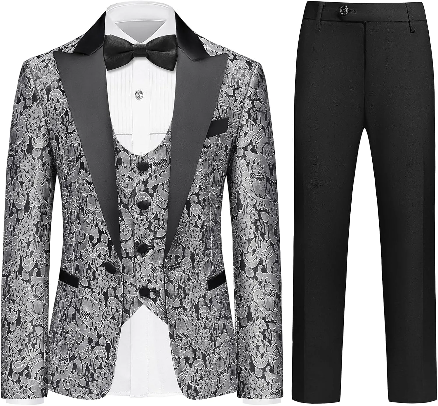 Lamgool Boys Tuxedo Suits 5 Piece Slim Fit Kids Floral Jacquard Formal Set Blazer White Shirt Vest Pants Bow Tie for Prom