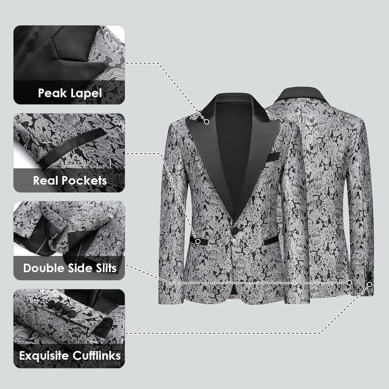 Lamgool Boys Tuxedo Suits 5 Piece Slim Fit Kids Floral Jacquard Formal Set Blazer White Shirt Vest Pants Bow Tie for Prom