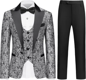 Lamgool Boys Tuxedo Suits 5 Piece Slim Fit Kids Floral Jacquard Formal Set Blazer White Shirt Vest Pants Bow Tie for Prom