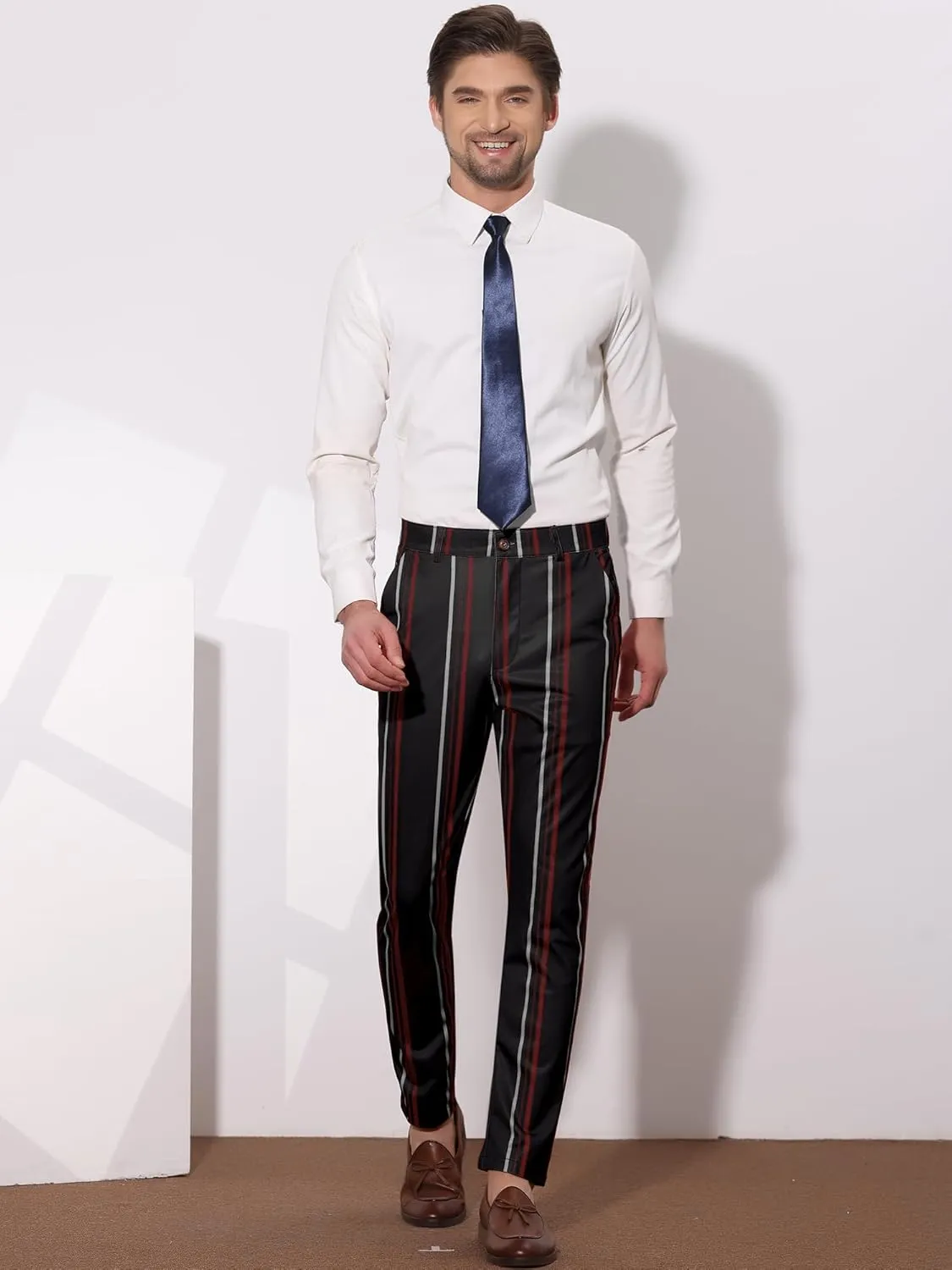 Lars Amadeus Men's Casual Striped Dress Pants Slim Fit Flat Front Contrast Color Skinny Trousers