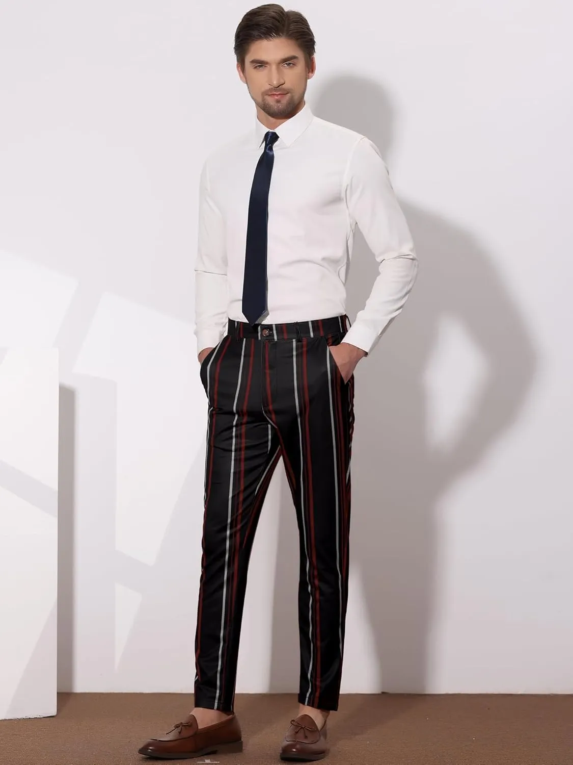 Lars Amadeus Men's Casual Striped Dress Pants Slim Fit Flat Front Contrast Color Skinny Trousers