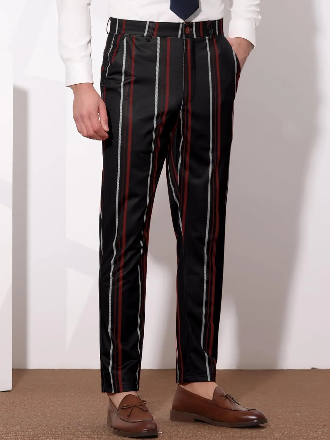 Lars Amadeus Men's Casual Striped Dress Pants Slim Fit Flat Front Contrast Color Skinny Trousers