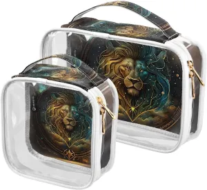 Leo-horoscope 2 Pack Clear Toiletry Bag Women Men, Portable Waterproof Clear Pouch, Cosmetic Bag with Double Zippers Large Opening Traveling with Handle for Bathroom Traveling Vacation Organizing