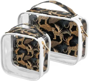 Leopard Black Pattern 2 Pack Clear Toiletry Bag Women Men, Portable Waterproof Clear Pouch, Cosmetic Bag with Double Zippers Large Opening Traveling with Handle for Bathroom Traveling Vacation Organiz