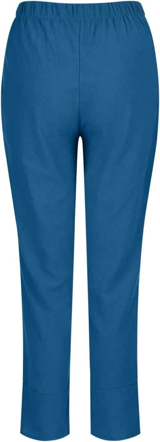 Linen Pants for Women Trendy Elastic Waist Beach Pants Ladies Casual Trousers with Pockets Summer Outfits Clothes