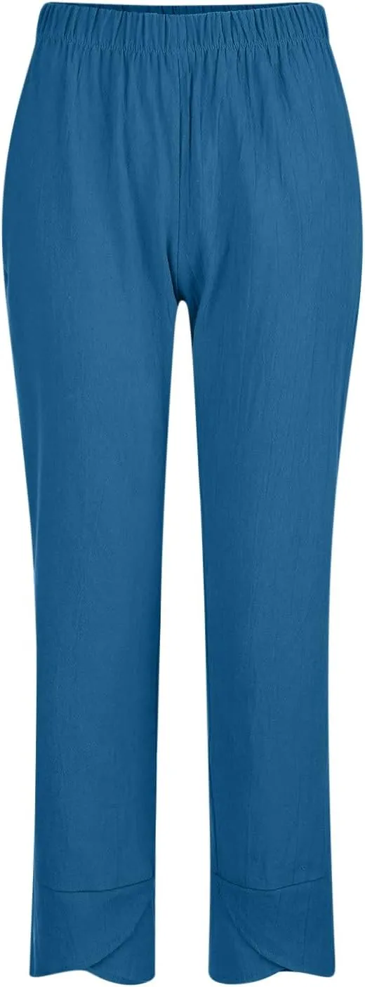 Linen Pants for Women Trendy Elastic Waist Beach Pants Ladies Casual Trousers with Pockets Summer Outfits Clothes