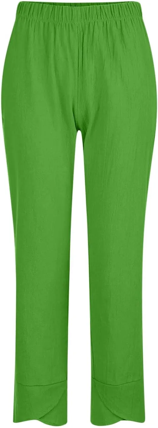 Linen Pants for Women Trendy Elastic Waist Beach Pants Ladies Casual Trousers with Pockets Summer Outfits Clothes
