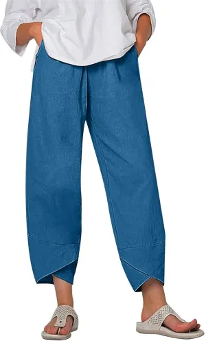 Linen Pants for Women Trendy Elastic Waist Beach Pants Ladies Casual Trousers with Pockets Summer Outfits Clothes