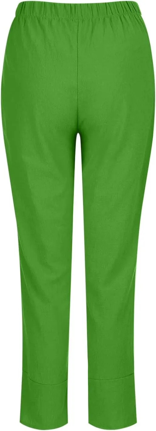 Linen Pants for Women Trendy Elastic Waist Beach Pants Ladies Casual Trousers with Pockets Summer Outfits Clothes