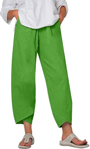Linen Pants for Women Trendy Elastic Waist Beach Pants Ladies Casual Trousers with Pockets Summer Outfits Clothes