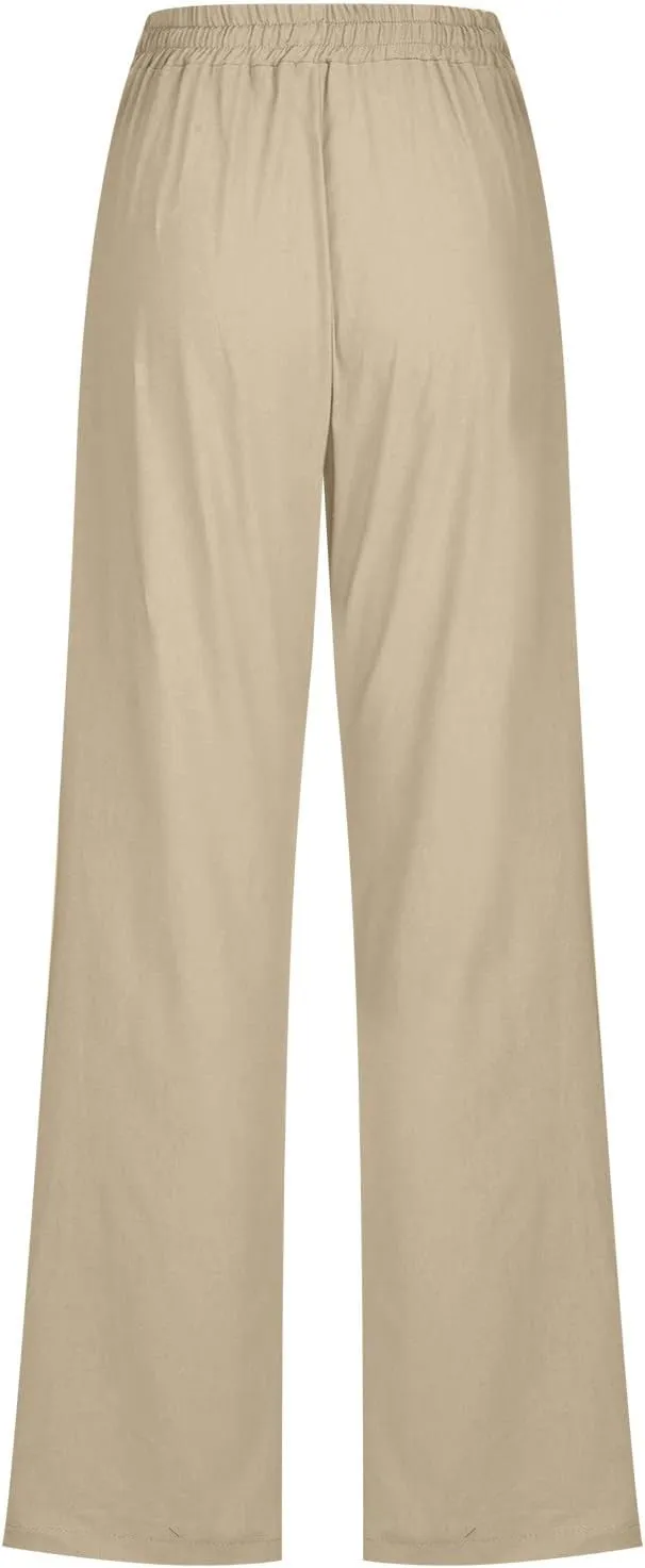 Linen Pants Women Casual Straight Leg Drawstring Elastic High Waist Pants Loose Palazzo Trousers with Pockets