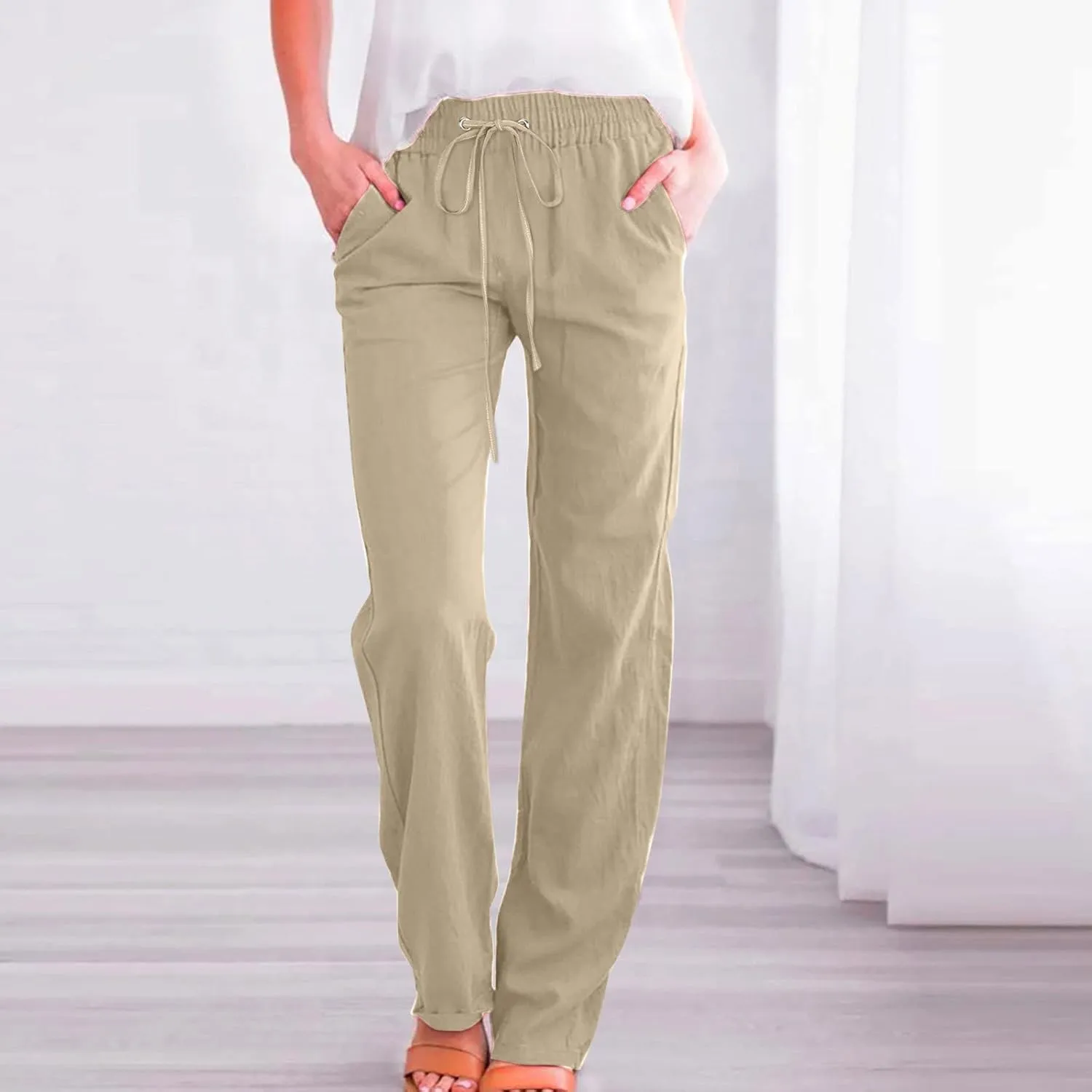Linen Pants Women Casual Straight Leg Drawstring Elastic High Waist Pants Loose Palazzo Trousers with Pockets