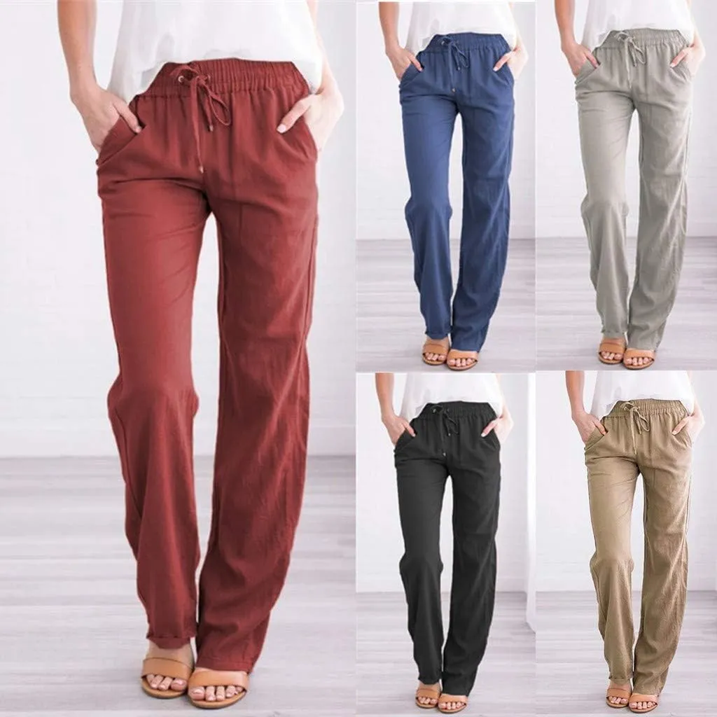 Linen Pants Women Casual Straight Leg Drawstring Elastic High Waist Pants Loose Palazzo Trousers with Pockets
