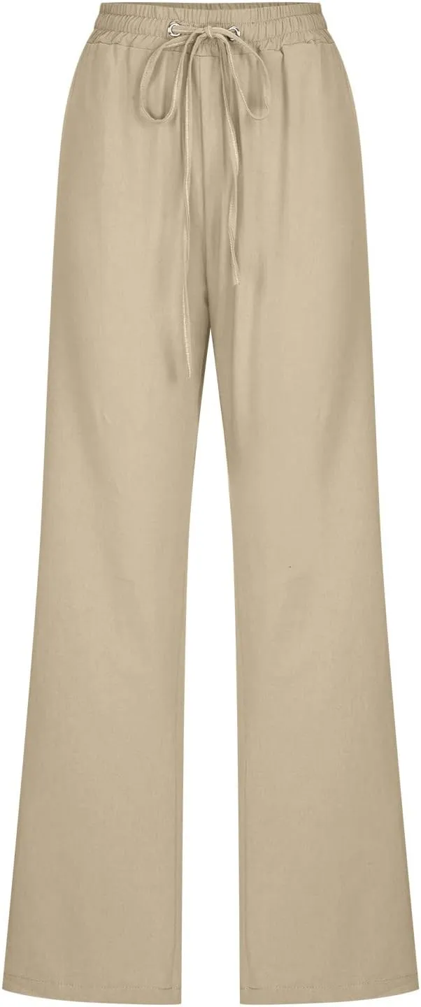 Linen Pants Women Casual Straight Leg Drawstring Elastic High Waist Pants Loose Palazzo Trousers with Pockets