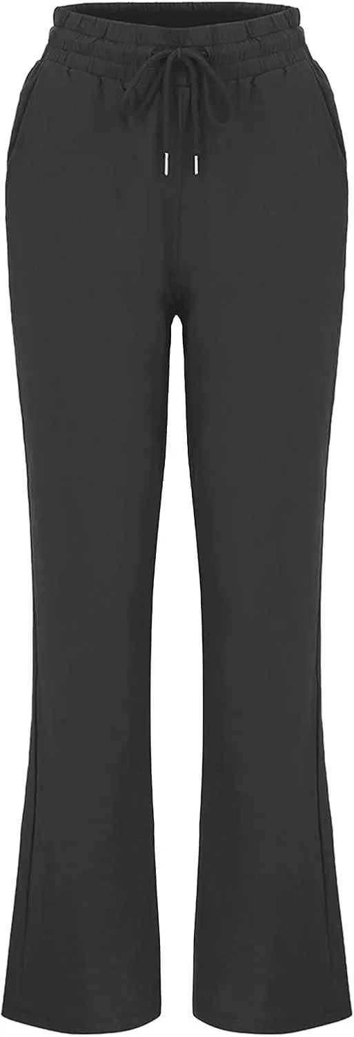 Linen Pants Women Casual Straight Leg Drawstring Elastic High Waist Pants Loose Palazzo Trousers with Pockets