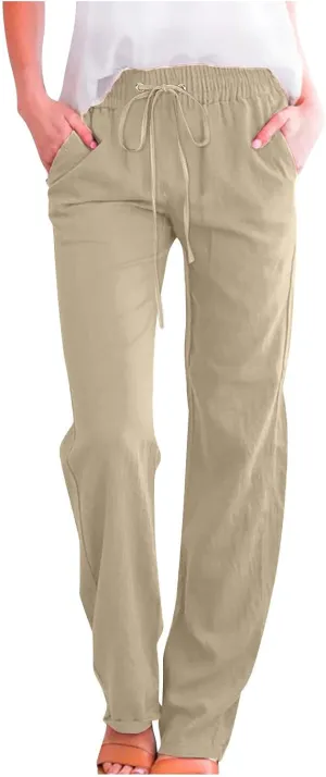 Linen Pants Women Casual Straight Leg Drawstring Elastic High Waist Pants Loose Palazzo Trousers with Pockets