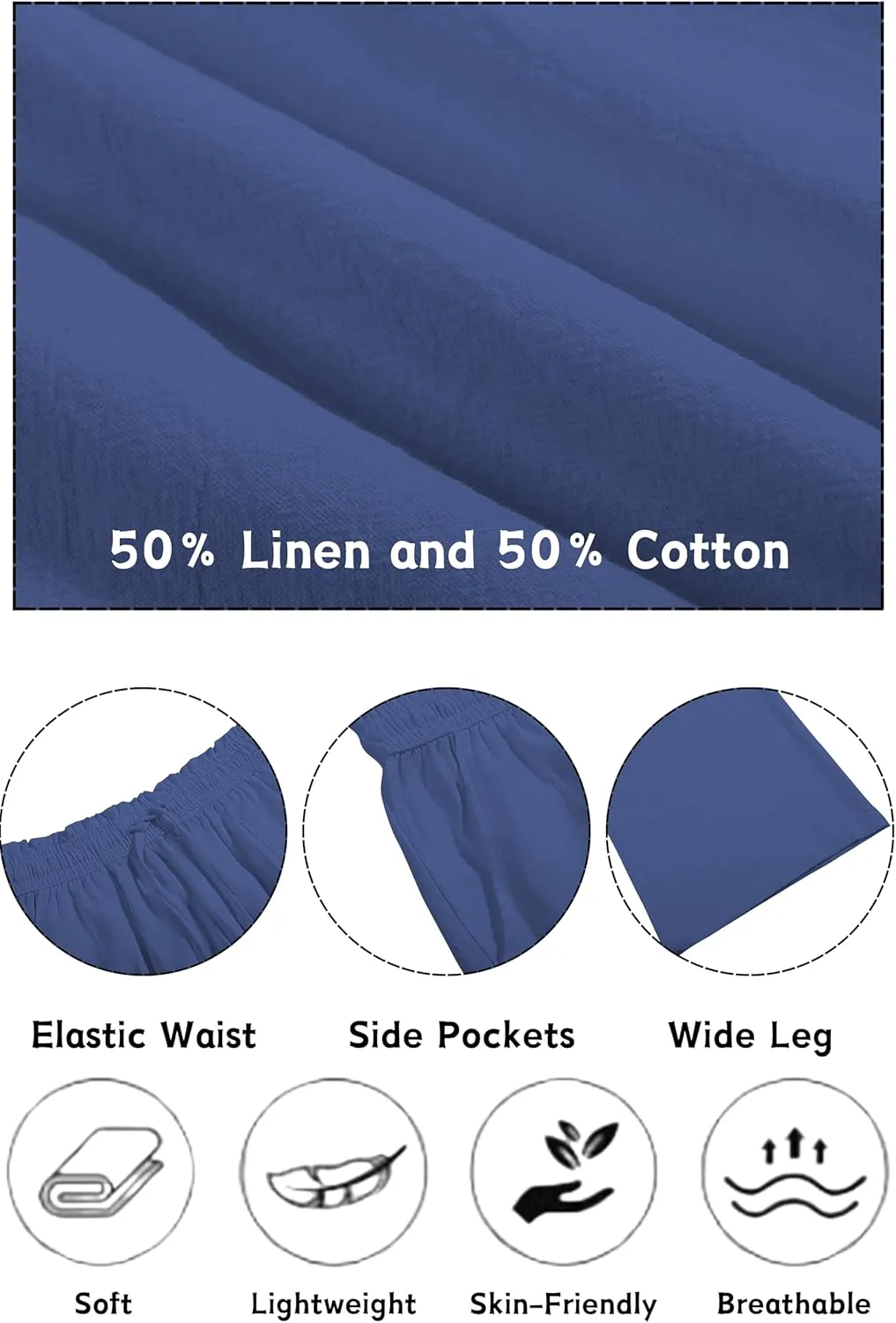 LNX Womens Linen Pants High Waisted Wide Leg Drawstring Casual Loose Trousers with Pockets
