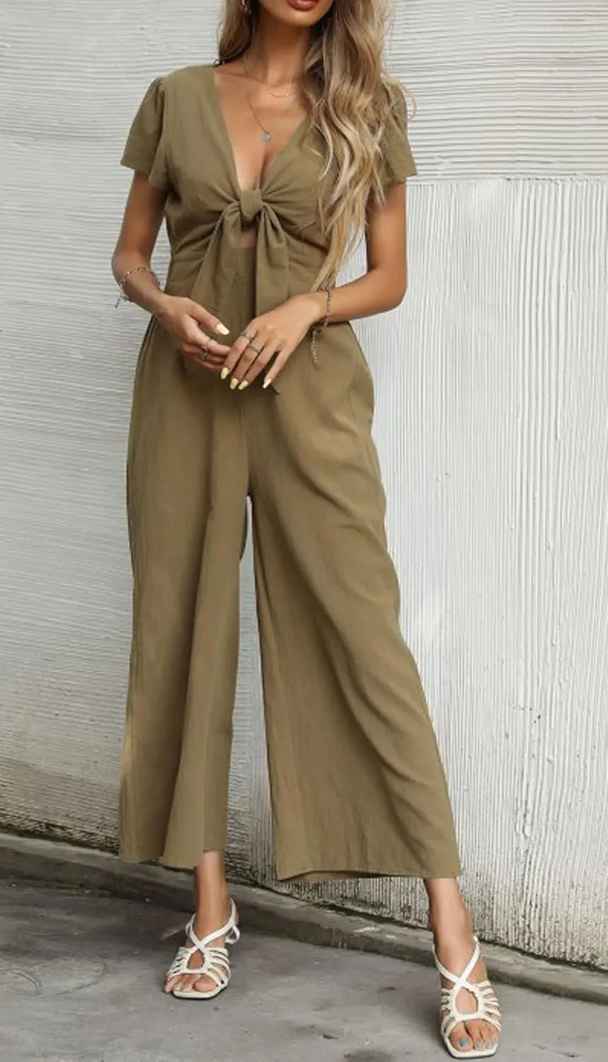 loveimgs Women's Short Sleeve Wrinkled Ice Silk Wide Leg Jumpsuit Tie Knot Cropped Palazzo Pants Romper