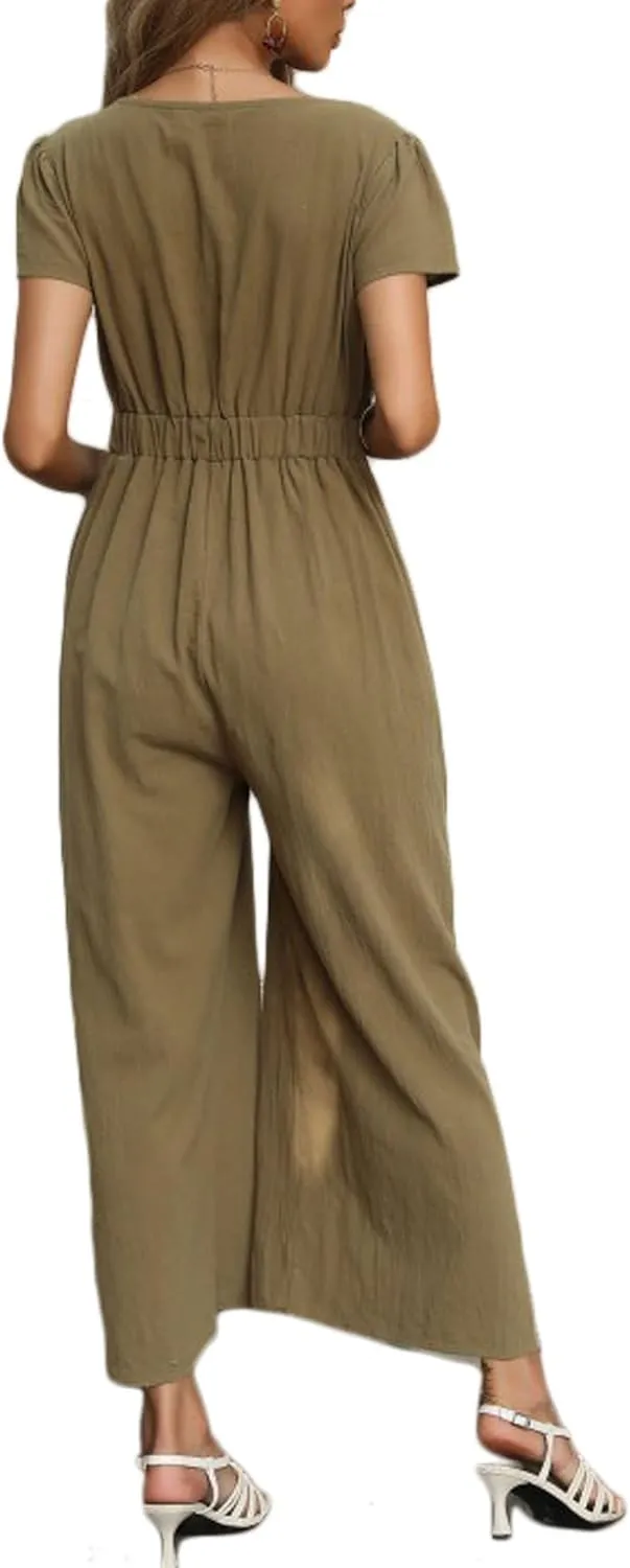loveimgs Women's Short Sleeve Wrinkled Ice Silk Wide Leg Jumpsuit Tie Knot Cropped Palazzo Pants Romper