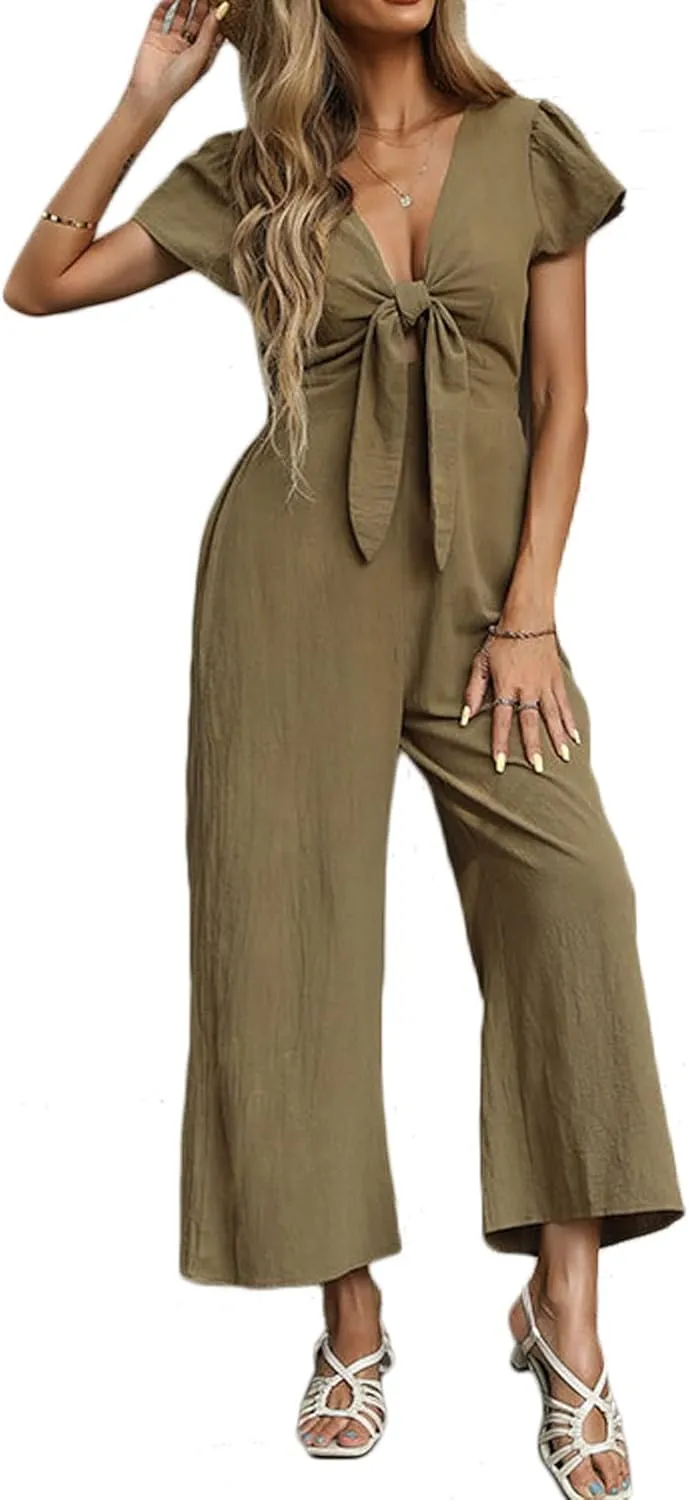 loveimgs Women's Short Sleeve Wrinkled Ice Silk Wide Leg Jumpsuit Tie Knot Cropped Palazzo Pants Romper