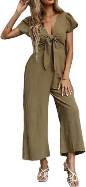 loveimgs Women's Short Sleeve Wrinkled Ice Silk Wide Leg Jumpsuit Tie Knot Cropped Palazzo Pants Romper