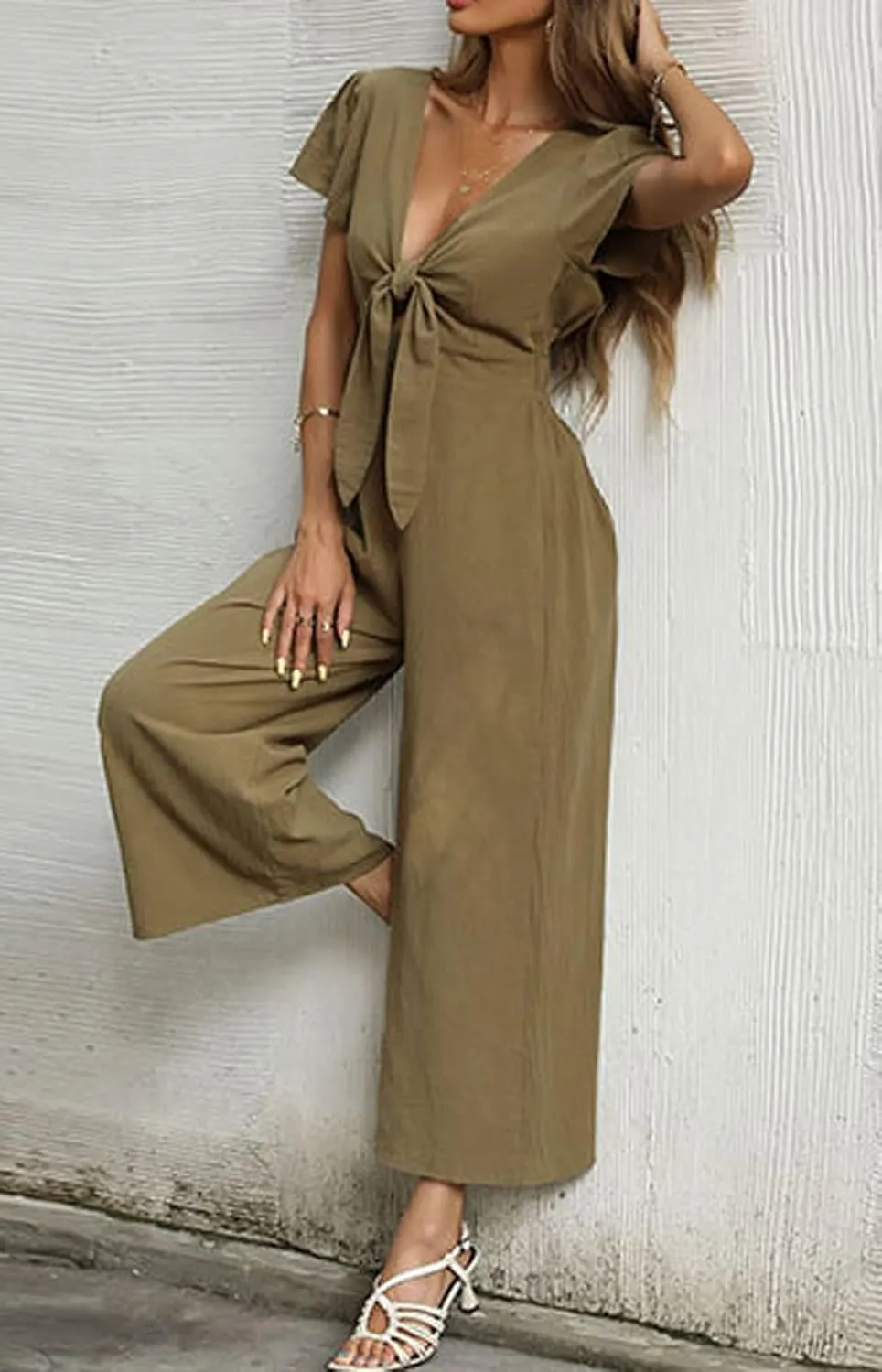 loveimgs Women's Short Sleeve Wrinkled Ice Silk Wide Leg Jumpsuit Tie Knot Cropped Palazzo Pants Romper