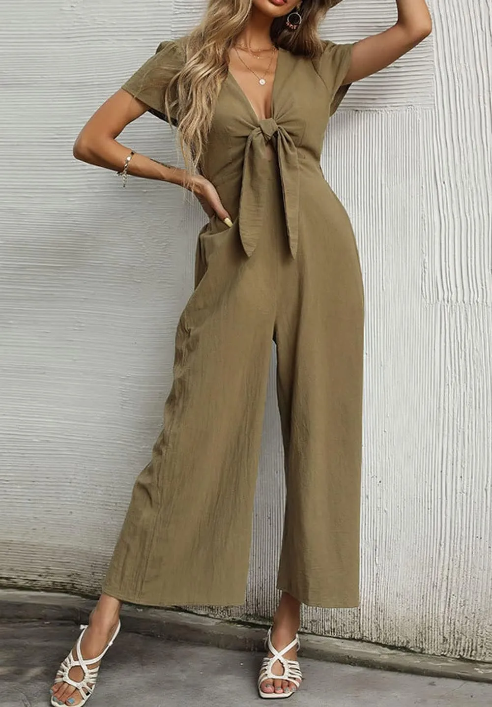 loveimgs Women's Short Sleeve Wrinkled Ice Silk Wide Leg Jumpsuit Tie Knot Cropped Palazzo Pants Romper