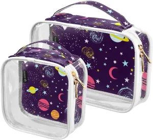 Lovely Galaxys Pattern 2 Pack Clear Toiletry Bag Women Men, Portable Waterproof Clear Pouch, Cosmetic Bag with Double Zippers Large Opening Traveling with Handle for Bathroom Traveling Vacation Organ