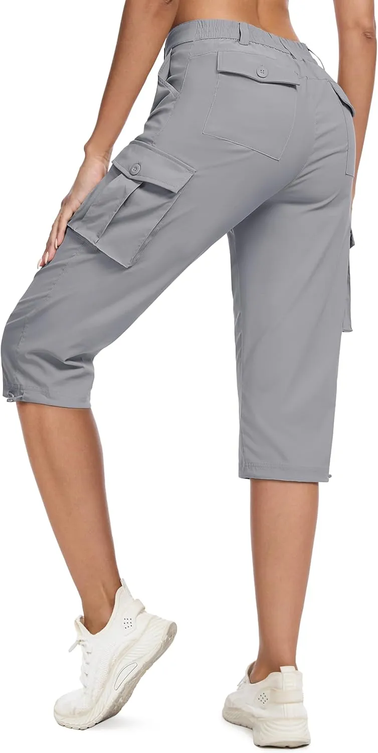 MAGCOMSEN Women's Cargo Capris Pants with 6 Pockets Lightweight Water Resistant Hiking Travel Pants Summer Casual