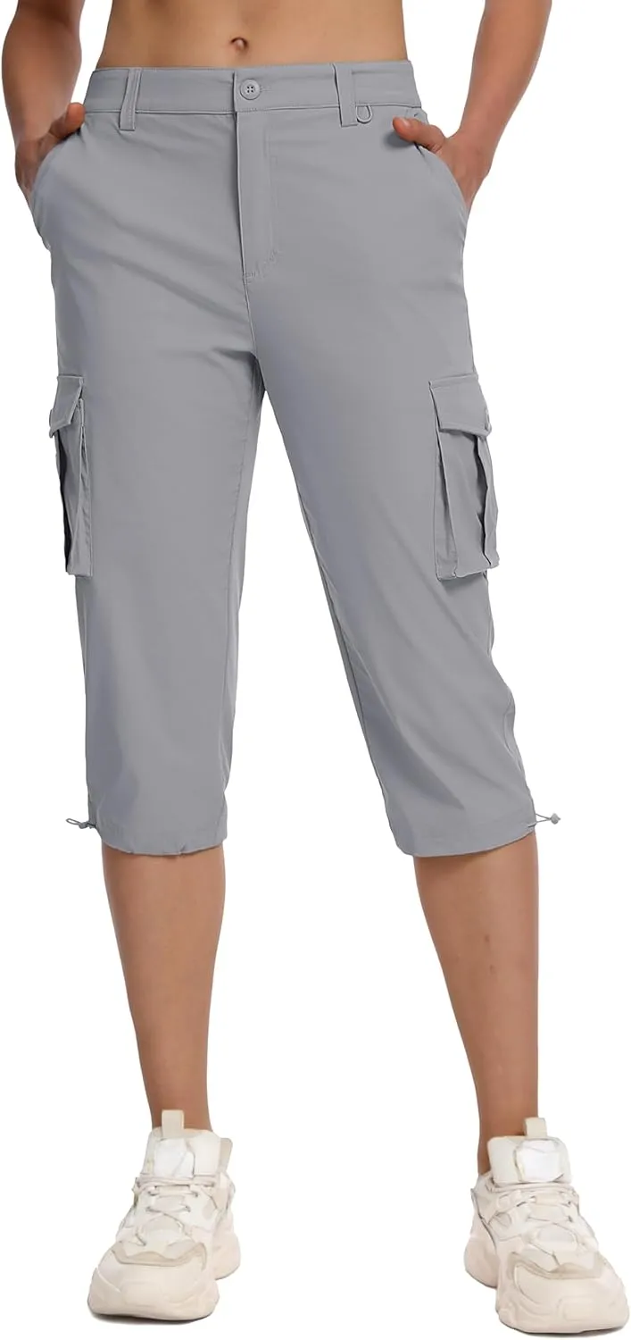 MAGCOMSEN Women's Cargo Capris Pants with 6 Pockets Lightweight Water Resistant Hiking Travel Pants Summer Casual