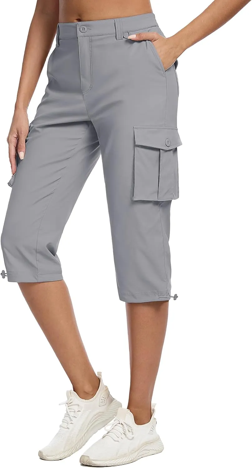 MAGCOMSEN Women's Cargo Capris Pants with 6 Pockets Lightweight Water Resistant Hiking Travel Pants Summer Casual