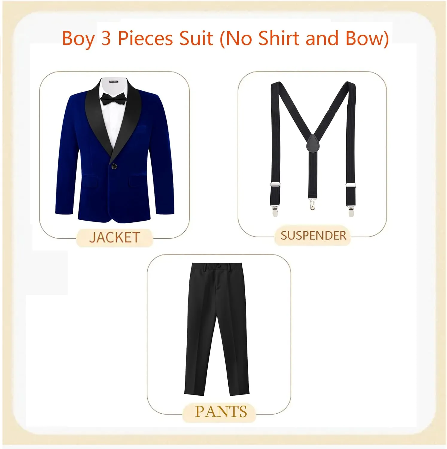MAGE MALE Boys Velvet 3 Pieces Suit Multiple Colour Jacket Pants Set for Wedding Prom Party Tuxedo with Kids Suspenders