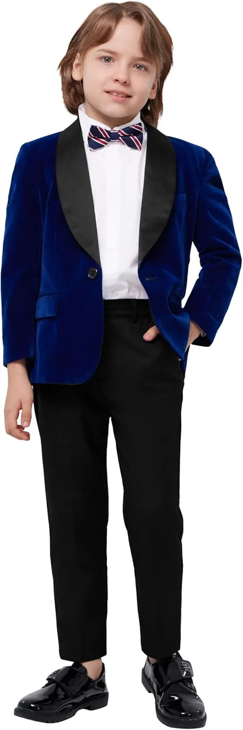 MAGE MALE Boys Velvet 3 Pieces Suit Multiple Colour Jacket Pants Set for Wedding Prom Party Tuxedo with Kids Suspenders
