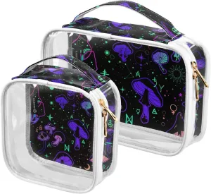 Magic-mushrooms Print 2 Pack Clear Toiletry Bag Women Men, Portable Waterproof Clear Pouch, Cosmetic Bag with Double Zippers Large Opening Traveling with Handle for Bathroom Traveling Vacation Organiz