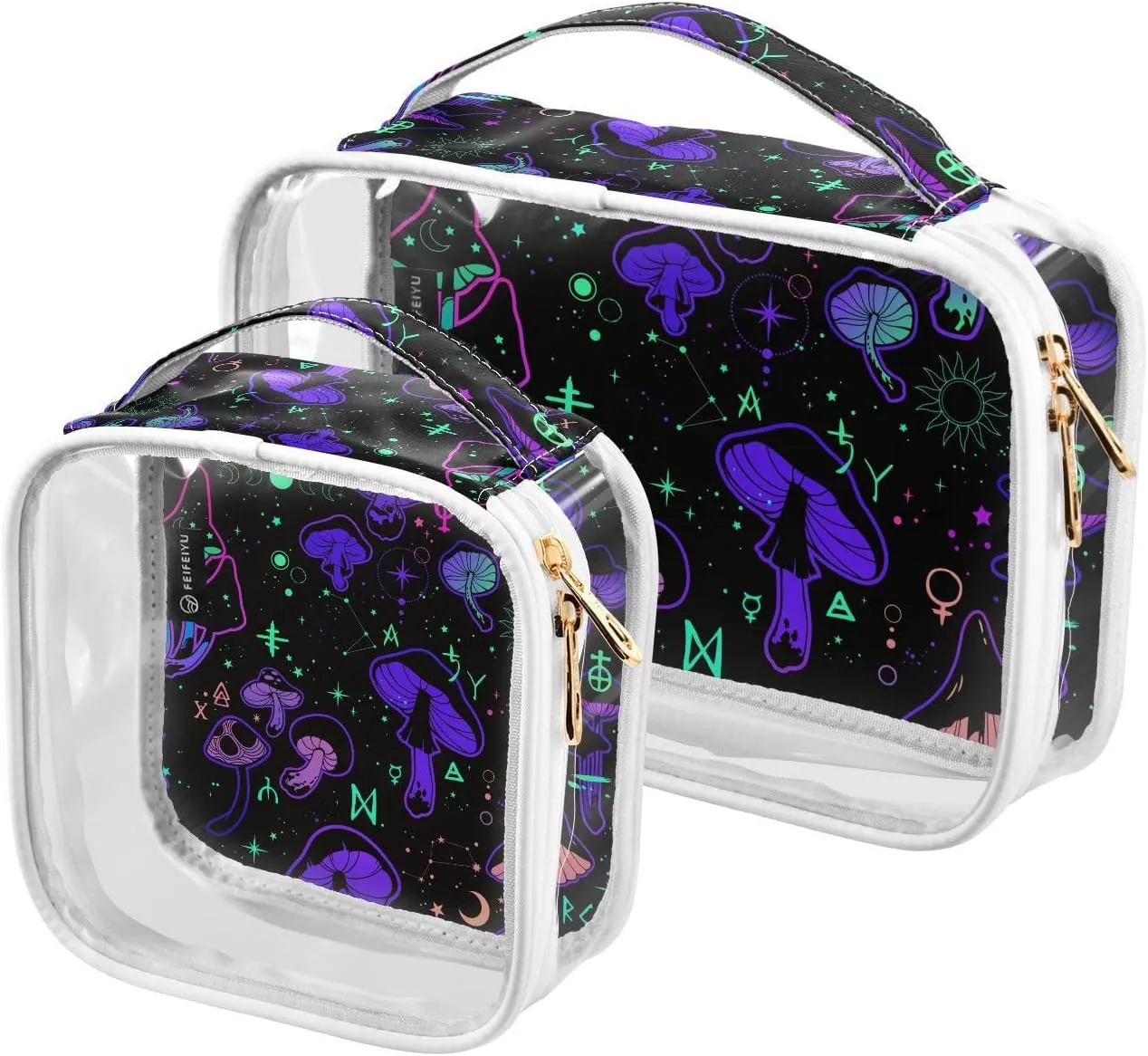 Magic-mushrooms Print 2 Pack Clear Toiletry Bag Women Men, Portable Waterproof Clear Pouch, Cosmetic Bag with Double Zippers Large Opening Traveling with Handle for Bathroom Traveling Vacation Organiz