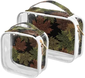 Maple-leaf-dark-background 2 Pack Clear Toiletry Bag Women Men, Portable Waterproof Clear Pouch, Cosmetic Bag with Double Zippers Large Opening Traveling with Handle for Bathroom Traveling Vacation Or