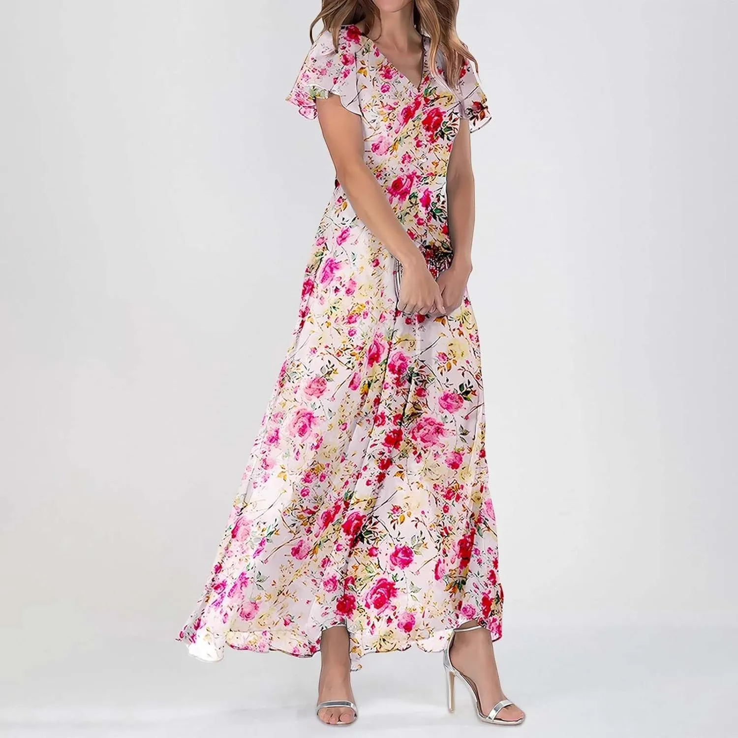 Maxi Dresses for Women plus Size Floral V Neck Short Sleeved Long Dress Summer Dresses for Women Beach with Sleeves