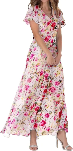 Maxi Dresses for Women plus Size Floral V Neck Short Sleeved Long Dress Summer Dresses for Women Beach with Sleeves