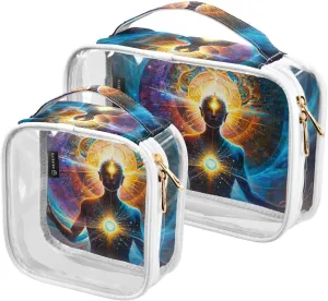 Meditation-creatives Print 2 Pack Clear Toiletry Bag Women Men, Portable Waterproof Clear Pouch, Cosmetic Bag with Double Zippers Large Opening Traveling with Handle for Bathroom Traveling Vacation Or