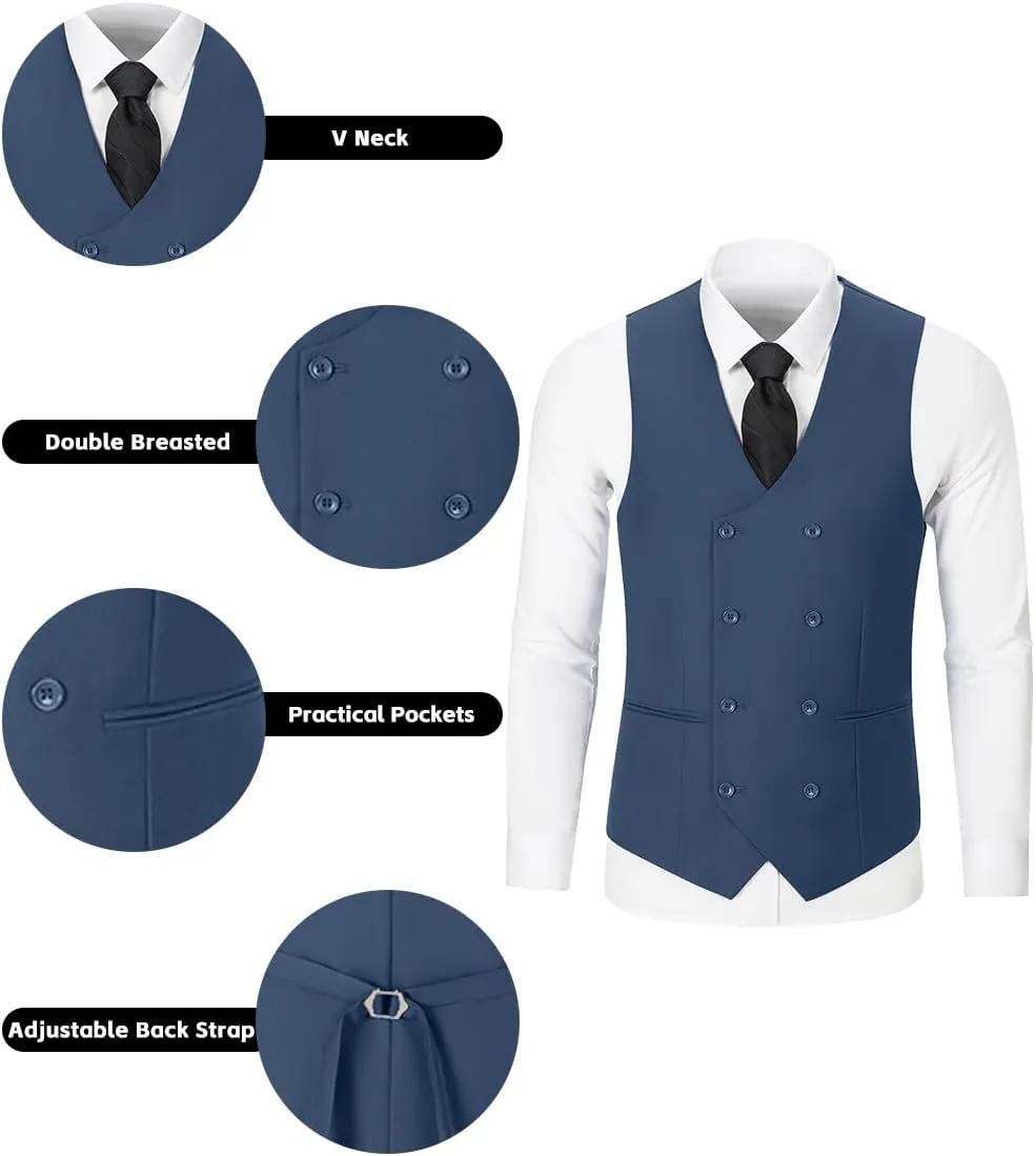 Mens 3 Piece Slim Fit Suit Set, Double Breasted Blazer Vest Pants Business Tuxedo Dress