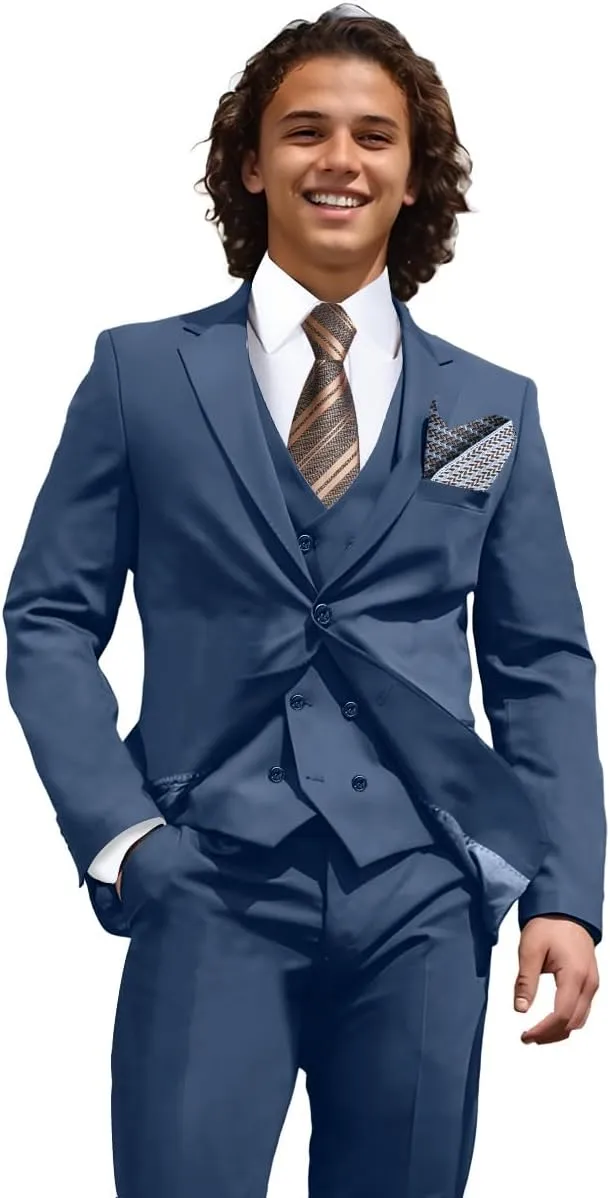 Mens 3 Piece Slim Fit Suit Set, Double Breasted Blazer Vest Pants Business Tuxedo Dress