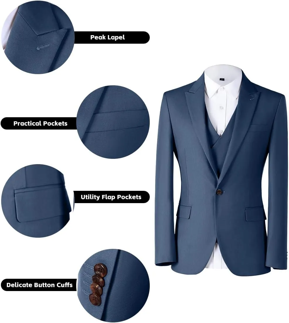 Mens 3 Piece Slim Fit Suit Set, Double Breasted Blazer Vest Pants Business Tuxedo Dress