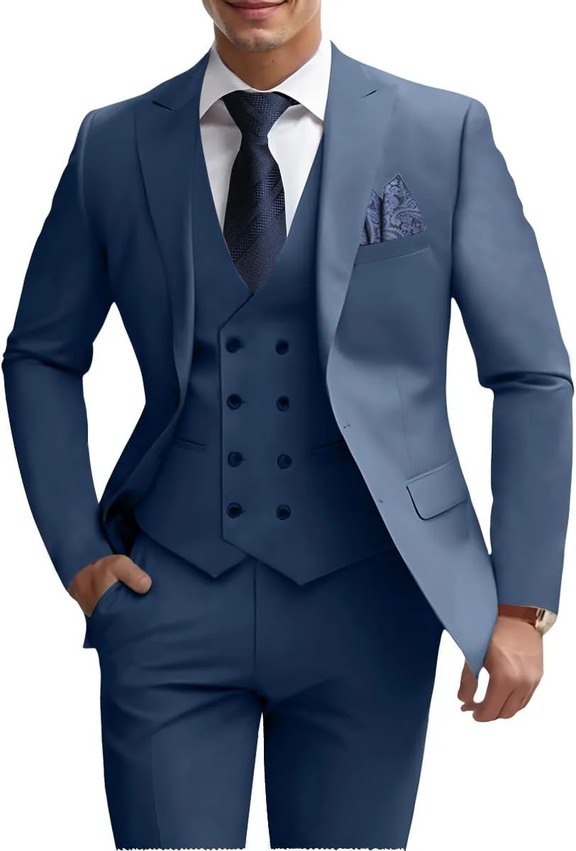 Mens 3 Piece Slim Fit Suit Set, Double Breasted Blazer Vest Pants Business Tuxedo Dress