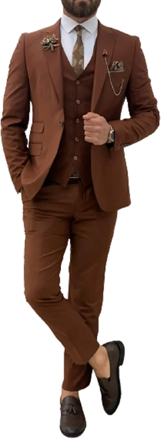 Men's 3 Piece Suit Formal Brown Tuxedo Slim Fit Blazer Vest Pants Wedding Prom Suits Set
